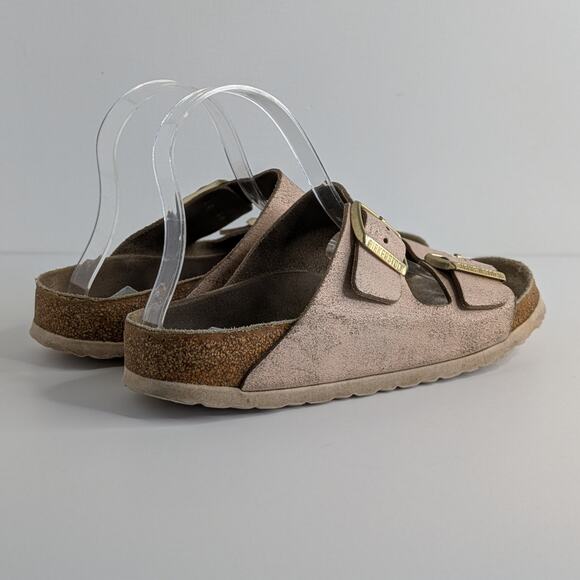 Birkenstock Sandals Arizona EU 40 Pink Gold Flat Slides Leather Open Toe Slip On - Picture 13 of 15